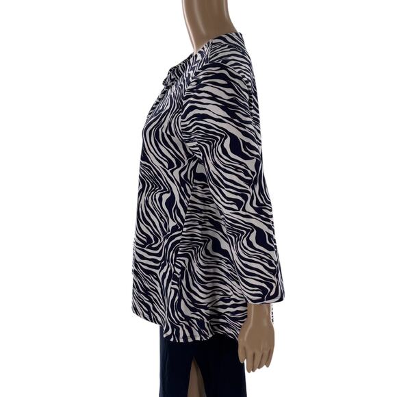 Jude Connally Lace Up Tie Neck Blue Zebra Striped White Top - Picture 5 of 8
